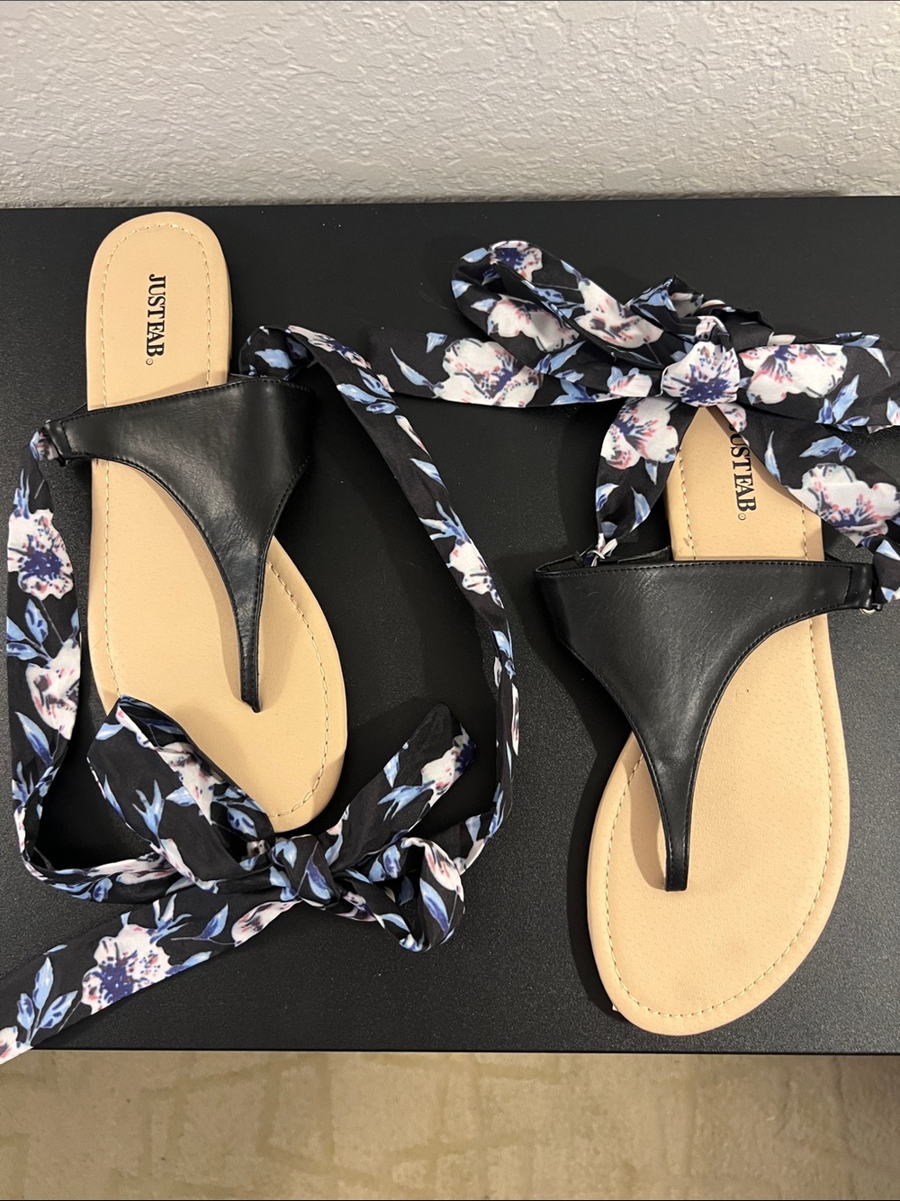 JustFab Black Thong Sandals with Floral Tie Straps